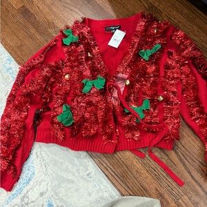 32 Degrees Red Cardigan with Green Bows